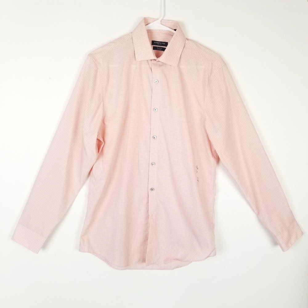 Kenneth Cole NWOT Button Front Shirt 15 x 32/33 Pink/Gray